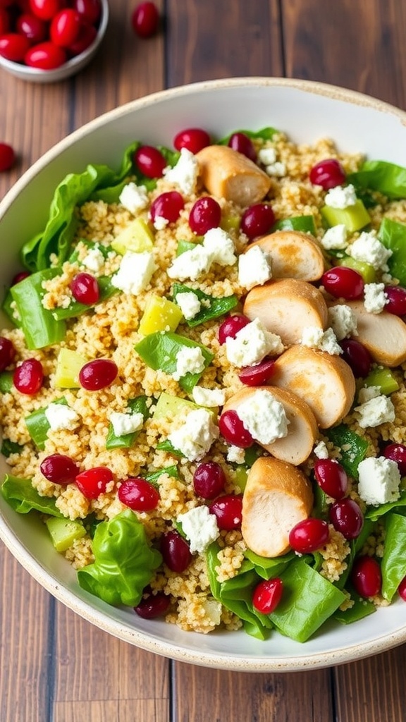 A colorful quinoa chicken salad with cranberries, cucumbers, bell peppers, and feta cheese on a wooden table.